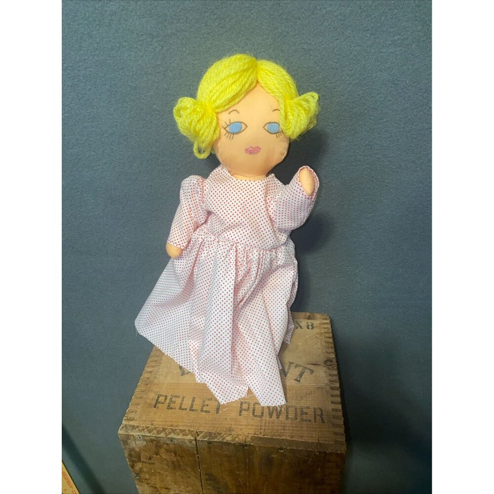 Vintage Handmade Rag Doll With Yellow Yarn Hair & Pink Polka Dot Dress 16" Soft